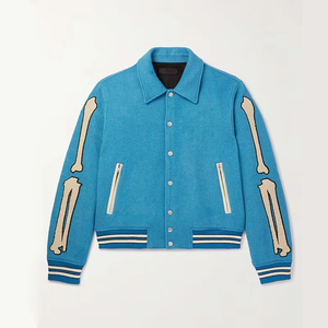 Customized Blue Woolen Varsity Jacket With Bone Applique Embroidery Turn-down Collar Men's Preppy Style Autumn Wear - Product Image 2