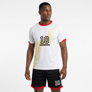 Uniforme de Fútbol Personalizado Blanco y Negro – Camiseta de Fútbol Blanca con Franjas Diagonales Amarillas, Cuello Rojo y Conjunto de Pantalones Cortos Negros - Product Image 1