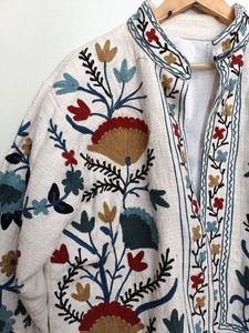 Hand Embroidered Floral Cotton <b>Jacket</b> Women's Prairie Chic Open Front V-Neck Full Sleeve Spring Wear Suzani Embroidered Cotton - Product Image 2