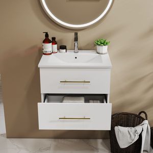 Mobile Bagno Sospeso da 24 Pollici con Doppio Cassetto, Facile da Montare, Lavabo in Ceramica, Maniglia Lunga in Metallo Dorato, 2 Lavabi - Doppio Cassetto - Product Image 5