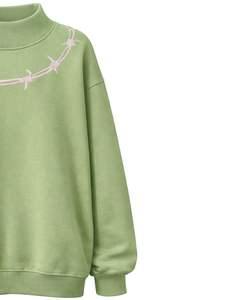 Sweat-shirt en molleton vert clair surdimensionné pour femme, col montant, imprimé fil barbelé, pull décontracté, streetwear d'hiver, coupe ample - Product Image 4