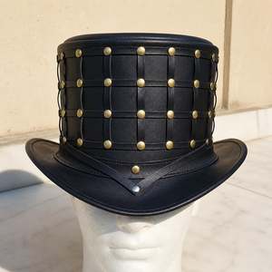 Premium Quality custom made Handmade Black Leather <b>Top</b> Hat Studded Steampunk Hat Gothic Festival Style - Product Image 1