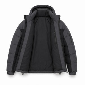 Custom Color Block Casual Puffer <b>Jacket</b> Outdoor Winter Windproof Breathable Zipper Pockets PVC Patch Service Smooth Polyester - Product Image 5