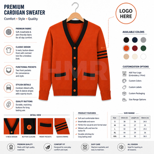 HMR Cardigan en tricot orange à col en V, manches longues, style preppy, boutons contrastés, manches complètes, vêtement d'automne - Product Image 6