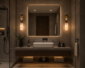 Lámpara de Pared Moderna de Alabastro, Aplique de Latón con Detalles de Madera, Iluminación de Pared de Estilo Mid-Century, Luz de Dormitorio de Piedra Natural - Product Image 4