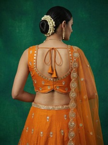Orange Embroidered Floral Maxi <b>Lehenga</b> Set V-Neck Blouse & Dupatta 100% Cotton Traditional Dress for Wedding Festival Wear - Product Image 3