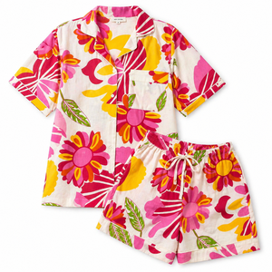 Conjunto de Pijama Floral con Estampado a Mano para Mujer, 100% Algodón, Camisa de Manga Corta y Pantalones Cortos, Conjunto Informal Hecho a Mano - Product Image 6