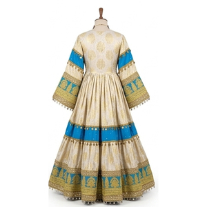 Beige Silk <b>Blue</b> And Gold Embroidery Floor Length Loose Fit Women Traditional Indian Pakistani Wedding Wear Afghan Kuchi Dresses - Product Image 3