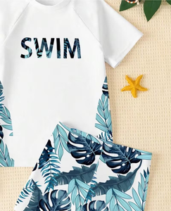 White Swim Letter Print Boy's T-Shirt and Shorts Set Casual Tropical Leaves Pattern Summer Outfit - Product Image 4