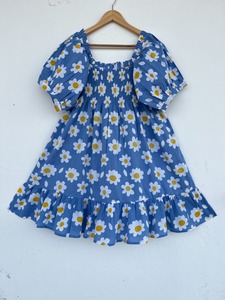 <b>Women</b> Blue <b>Daisy</b> Floral Print Cotton Mini <b>Dress</b> Beach Vacation Summer <b>Dress</b> Short Sleeve Resort Wear - Product Image 1