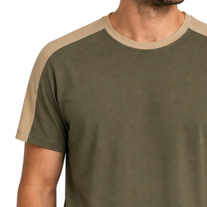 Camiseta Moderna de Manga Raglán Tejida para Hombre, Panel de Contraste en el Hombro, Verde Oliva Caqui, Transpirable y de Secado Rápido - Product Image 3