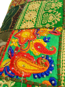 Handmade Patchwork Cushion Cover Square Bohemian Embroidery Design Green Multicolor Cotton Linen India Craft <b>Home</b> Decor - Product Image 4