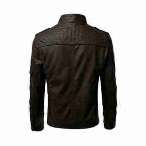 Men's <b>Black</b> Canvas Sherpa PU Moto <b>Jacket</b> Stand Collar Zipper Closure Slim Fit Solid Color Regular Sleeve Winter Motorcycle - Product Image 2