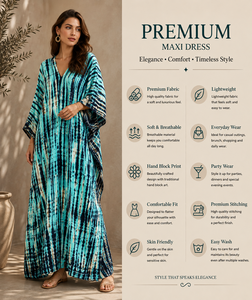 Venta al por mayor de fábrica: Nuevo vestido largo maxi caftán azul con estampado tie-dye para mujer, cuello en V moderno, ideal para playa, cintura natural, para todas las estaciones. - Product Image 6