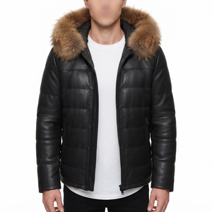 <b>Men's</b> Black PU Puffer Jacket With <b>Fur</b> <b>Hood</b> Windproof Winter <b>Coat</b> Casual Quilted Down Filled Regular Fit Zipper Closure - Product Image 2