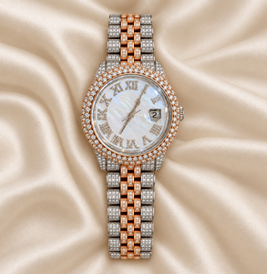Montre de luxe pour femme Raj Gems, quartz, chiffres romains, effet perle, aiguille date, bracelet en verre 18 mm, acier inoxydable 43 mm, style Hip Hop - Product Image 6