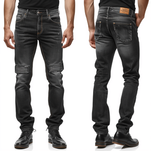 Pantalon en jean noir délavé pour homme moderne, avec construction en coton lourd de qualité supérieure et détails de style usés - Product Image 3