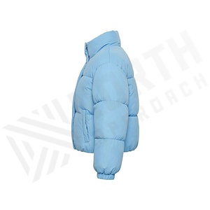 Light Blue Quilted Puffer Jacket Stand Collar Full Sleeve Winter Thick Polyester Filling Short Length Puff Sleeve Design - Product Image 3
