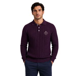 Pull polo côtelé en maille plumé à manches longues, col boutonné, décontracté, doux et chaud pour l'hiver, personnalisable avec logo, vêtement de mode premium pour homme - Product Image 1