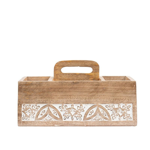 Porte-couverts en bois à 3 compartiments avec poignées métalliques noires gravées pour hôtel, maison, rangement de table - Product Image 2