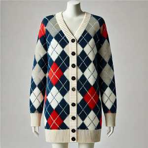Women's Knitted <b>Cardigan</b> O-Neck <b>Long</b> <b>Sleeve</b> <b>Balloon</b> <b>Sleeve</b> Plaid Pattern Button Closure Casual Autumn Top - Product Image 2
