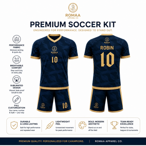 Conjunto de Camiseta y Pantalones Cortos de Fútbol Personalizados en Azul Marino Oscuro y Dorado, Cuello en V, Uniforme de Fútbol Sublimado con Patrón Geométrico, Conjunto de Camiseta de Fútbol OEM - Product Image 4