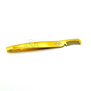 Pinzas con Punta Inclinada Chapadas en Oro con Peine, de Acero Inoxidable, con Impresión de Logotipo Personalizado, Pinzas para Cejas, Servicio OEM - Product Image 1