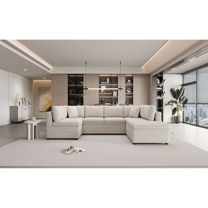 Divano Letto Sezionale a U Oversize Beige da 300 cm con Due Cuscini Decorativi e Sezione Estraibile per Soggiorno - Product Image 4