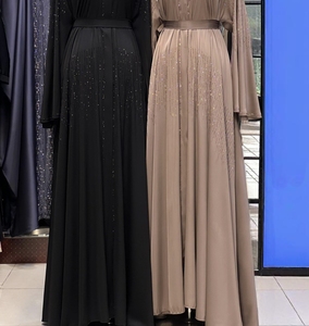 Wholesale Modest Dubai Beaded Sequined Long Sleeve <b>Abaya</b> Muslim Traditional Handmade Wedding Women Polyester Breathable V Neck - Product Image 3