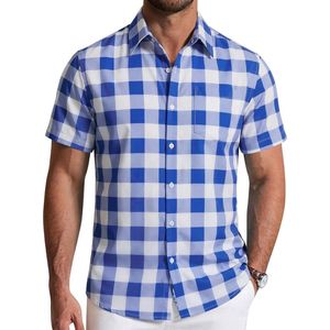Camisa de hombre a cuadros, personalizada, de manga corta, con botones, de algodón y poliéster, estilo casual de verano para negocios, con bolsillo en el pecho. - Product Image 1