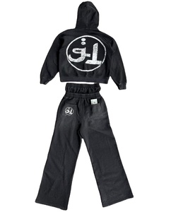 Ensemble deux pièces personnalisé délavé à l'acide adultes délavé Vintage survêtement de jogging sweat à capuche zippé jambe droite pantalon de survêtement évasé surdimensionné - Product Image 6