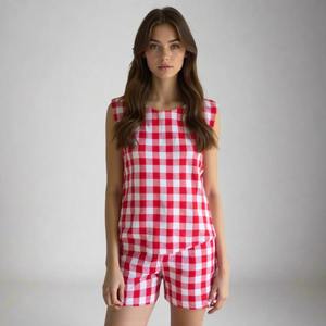 Shorts y Top de Mujer con Cintura Elástica Tejida, Transpirable y Ecológica, 100% Algodón, Estampado a Cuadros, para Uso Casual de Verano, Venta de Exportación - Product Image 2