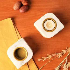 Handmade White Marble <b>Tealight</b> Candle <b>Holder</b> with Gold Rim Decorative for Home Tabletop Festive Decor - Product Image 2
