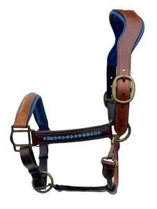 Cabestro de Cuero Marrón para Caballo con Adornos de Diamantes de Imitación Azules y Herrajes de Latón, Estilo Occidental, Talla Personalizada, Modelo LC-340 - Product Image 2
