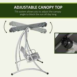 Dondolo a 3 posti regolabile grigio con supporto e tettuccio, sedia sospesa per interni/esterni per giardino e bordo piscina - Product Image 4