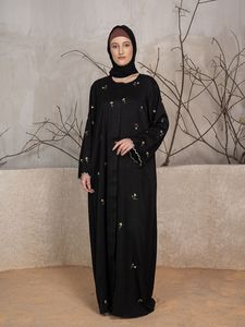 Women's <b>Black</b> Abaya <b>Floor</b> <b>Length</b> Loose Fit Long Sleeve Embroidered Floral Modest Daily Wear Middle East Style Cotton <b>Dress</b> - Product Image 1