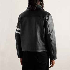 Veste de moto pour homme en cuir véritable respirant, écologique, coupe-vent, col rabattu, manches unies, fermeture éclair, coupe ajustée - Product Image 2