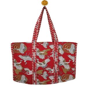 Sac fourre-tout matelassé en coton uni avec imprimé grue, ouverture supérieure, poignées longues, fait main, réutilisable, pour femme, idéal pour la plage - Product Image 1