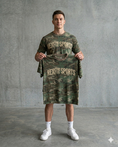 Camiseta de camuflaje gruesa personalizada REXFIT SPORTS para hombre, con logotipo bordado desgastado, estilo urbano, de algodón, talla grande. - Product Image 4