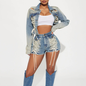 Ensemble de shorts en jean décontractés pour femmes, de haute qualité, couleur unie, couleurs personnalisables, logo, respirant, écologique, vente en gros - Product Image 2