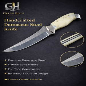 DSK-DSH-1003 - มีดเหล็กดามัสกัสระดับพรีเมียมพร้อมด้ามจับทำจากกระดูกขัดเงา – ผลิตด้วยมือในประเทศปากีสถาน - Product Image 1