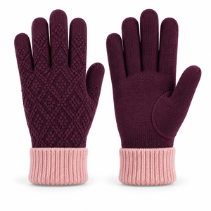 <b>Knit</b> <b>Gloves</b> With Diamond Pattern Purple And Pink Cuff Anti Slip Flexible Acrylic Material Full Texture General Purpose - Product Image 1
