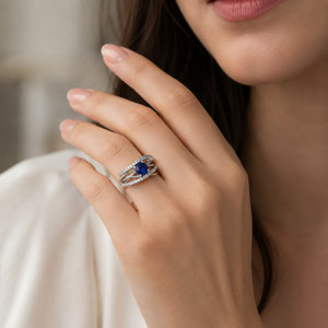 18K White Gold Diamond Sapphire Ring | Round Brilliant Cut Prong Set Gemstone | Women's Engagement Wedding Fine Jewelry Ring - Product Image 2