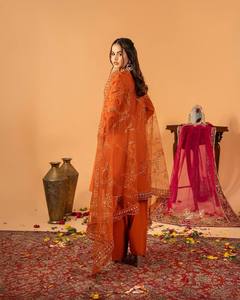 Traditional Indian Pakistani <b>Women's</b> Orange Silk <b>Kurta</b> Set With Embroidered Dupatta Loose Fit Floor-Length Wedding Wear - Product Image 3