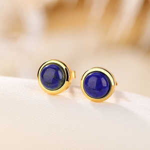 Boucles d'oreilles clous en argent sterling S925 plaqué or avec lapis-lazuli serti clos, 12g, pour femme - Product Image 2