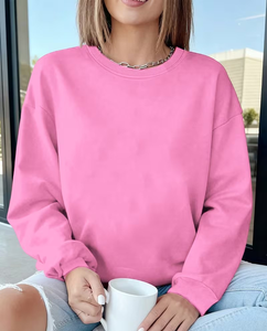 Pink Eco-Friendly Fleece Winter Solid Oversized Crewneck Sweatshirt Women Loose Fit Long Sleeve Pullover Woven Front Logo - Product Image 1