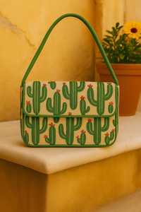 Handmade Embroidered <b>Canvas</b> Handbag Rectangular Shape Cactus Pattern Green Handle Textile Craft - Product Image 1