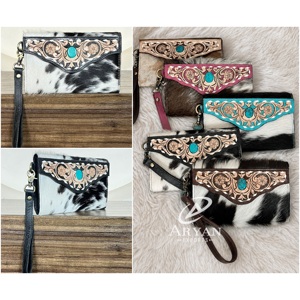 2026 Western Designer Pattern Hand Tooled Genuine Cowhide Leather Wallet with Zipper <b>Wristlet</b> Clutch Stylish Purse for Ladies - Product Image 1