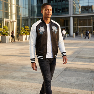 Veste universitaire d'hiver pour homme, noire et blanche, broderie dragon, col montant, fermeture à bouton unique, coupe classique, style décontracté, coupe-vent - Product Image 4