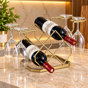 Multiuse Wine Rack Gold Metal Bottle Stand with <b>Glass</b> Hanging Slots 5 Bottle Countertop <b>Holder</b> for Home <b>Bar</b> Kitchen Storage - Product Image 1